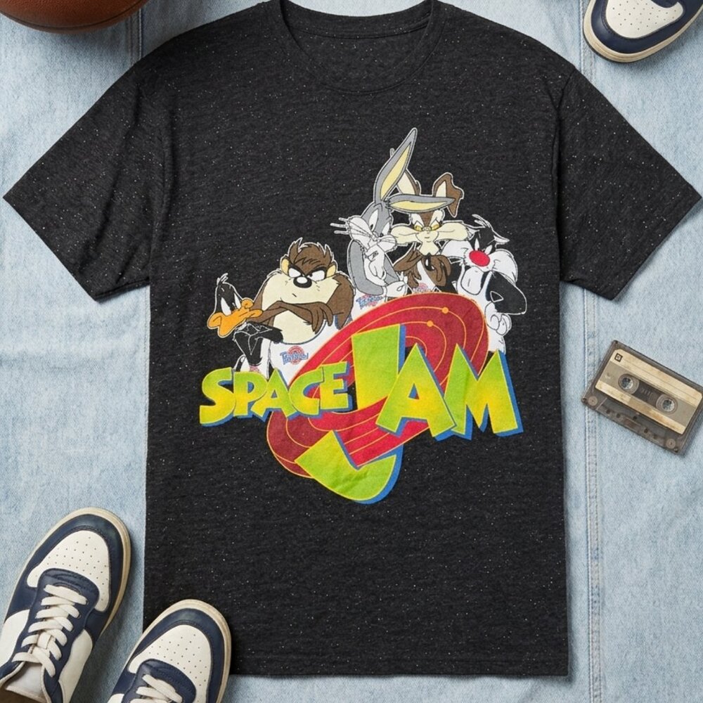 Space Jam T-Shirt 3XL Black Confetti Speckled Tune Squad Graphic T-Shirt